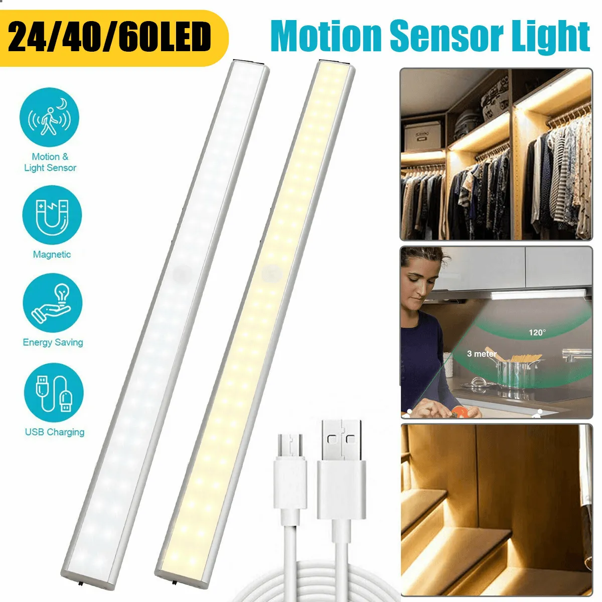 24/40/60LED Motion Sensor Closet Lights Wireless USB Rechargeable Energy Saving LED Night Light Bar Safe Lights for Closet Cabinet Wardrobe Stairs