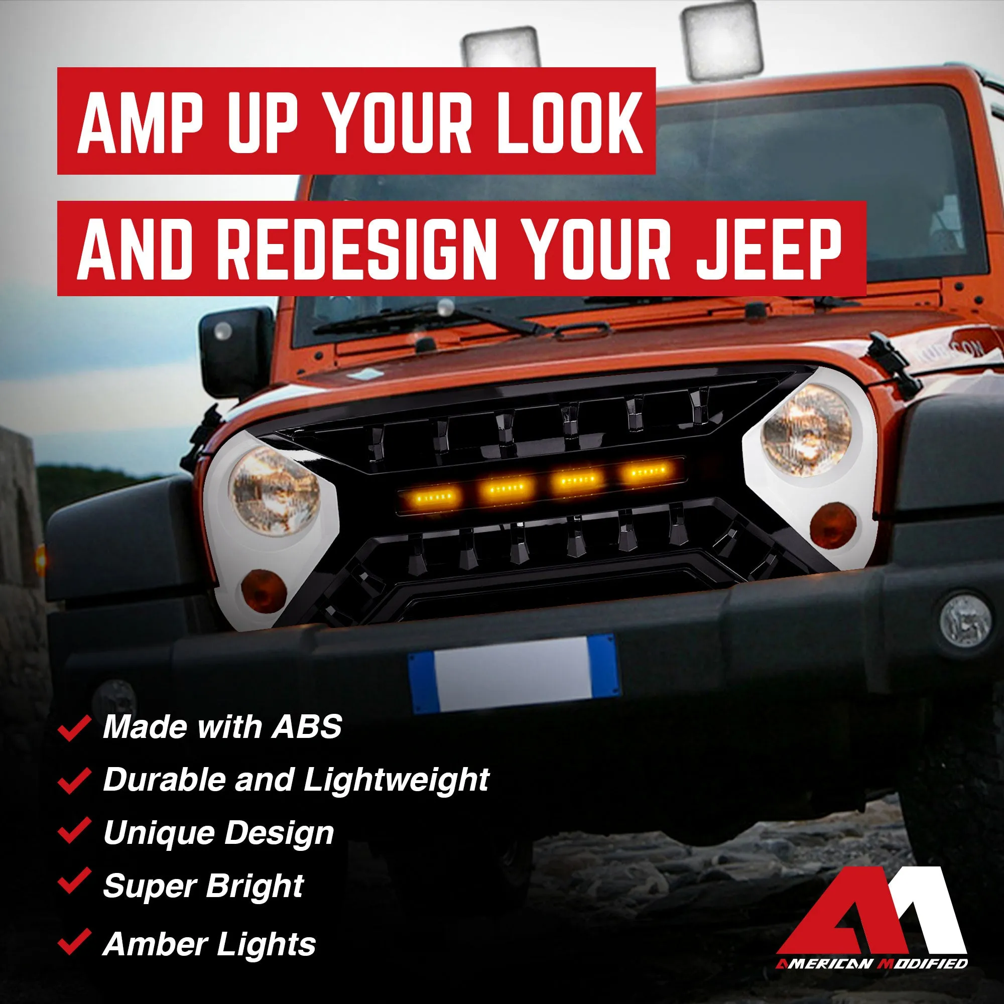 AMERICAN MODIFIED Armor Grille 07-18 Jeep Wrangler JK w/ Amber LED, White/Black