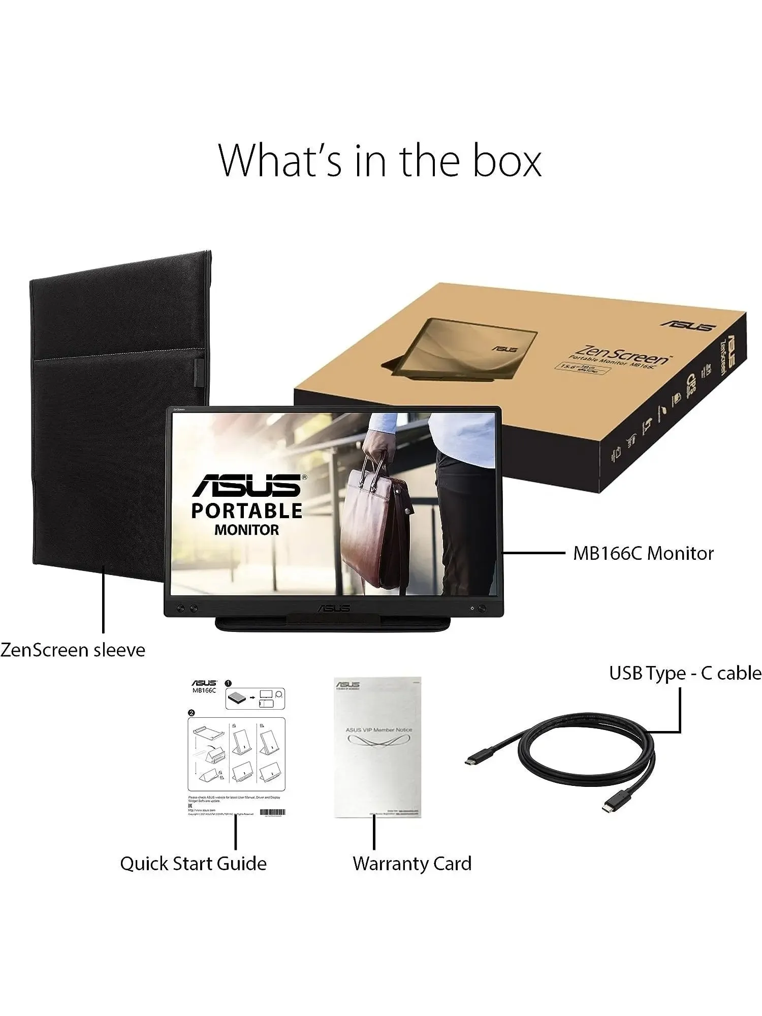 ASUS ZenScreen 15.6” 1080P Portable USB Monitor (MB166C) - Full HD, IPS, USB Type-C, USB-Powered, Eye Care, Tripod Mountable, Anti-Glare Surface, Protective Sleeve