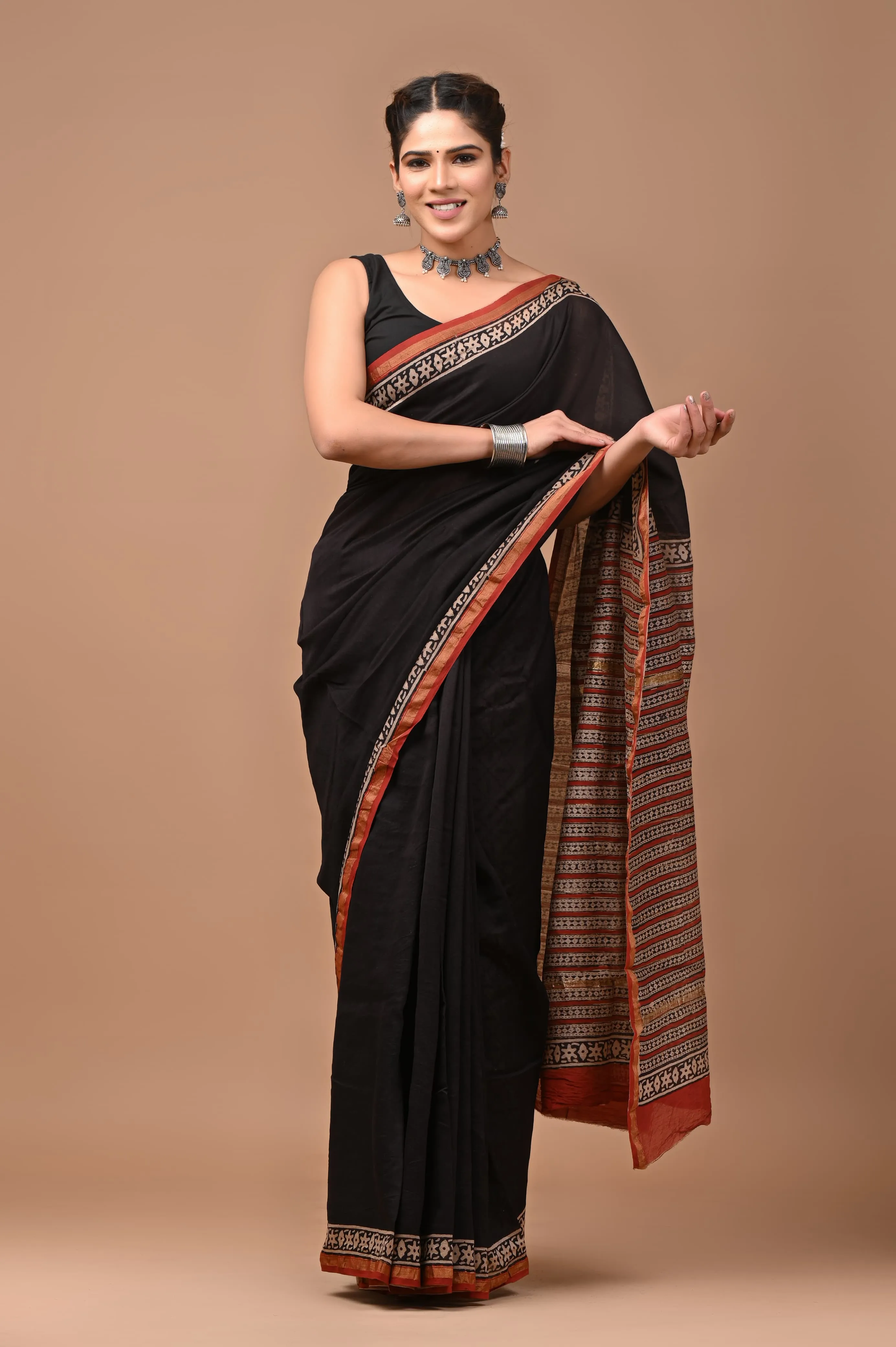 Black Maheshwari Block Print Saree