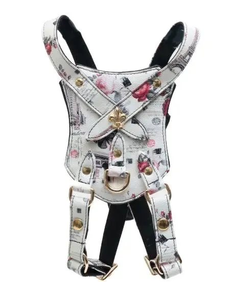 Chic Canine Elegance - C'est La Vie Dog Harness with Parisian Print on Luxurious Vegan Leather -  Padded Straps, and Stylish Breastplate Harness for Dogs