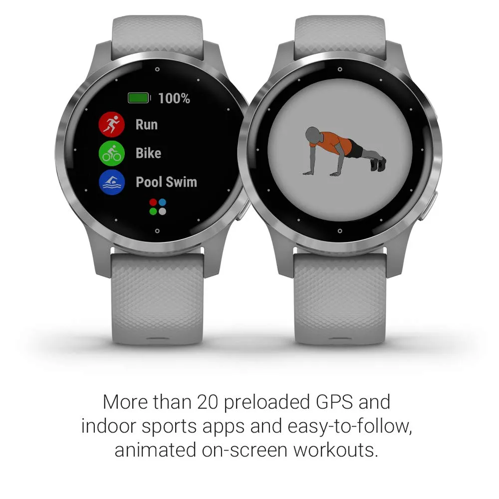 Garmin Vívoactive 4S, Smaller-Sized GPS Smartwatch, Features Music, Body Energy Monitoring, Animated Workouts, Pulse Ox Sensors and More, Powder Gray/Silver