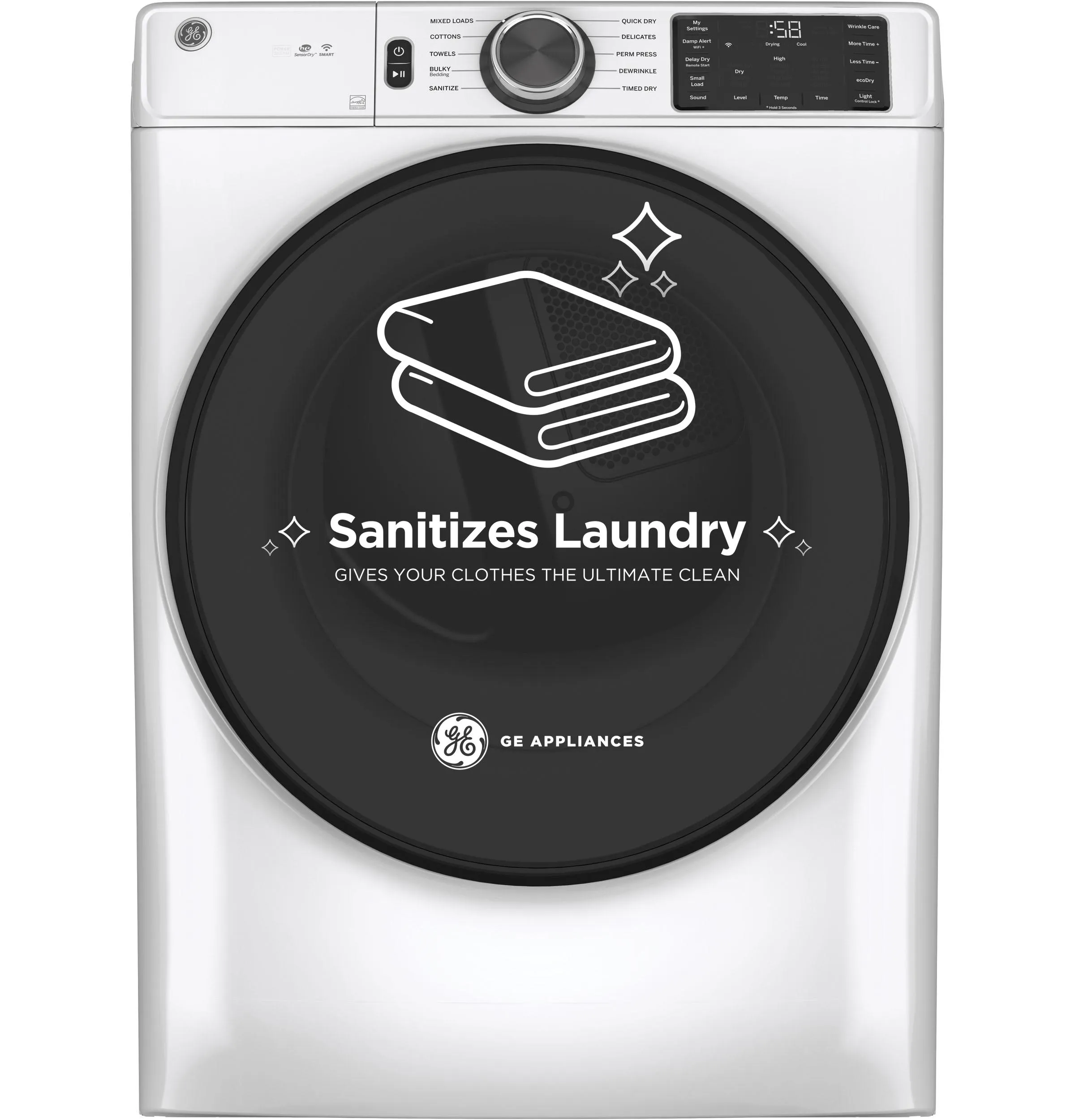 GFD55ESSNWW GE® ENERGY STAR® 7.8 cu. ft. Capacity Smart Front Load Electric Dryer with Sanitize Cycle