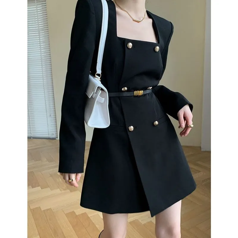 Joskaa hoco dresses Autumn French Elegant Black Dress Women Office Lady Long Sleeve Chic Mini Dresses Female Korean Fashion One Piece Dress Fall Outfits 2024