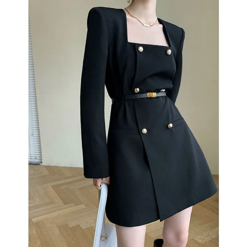 Joskaa hoco dresses Autumn French Elegant Black Dress Women Office Lady Long Sleeve Chic Mini Dresses Female Korean Fashion One Piece Dress Fall Outfits 2024