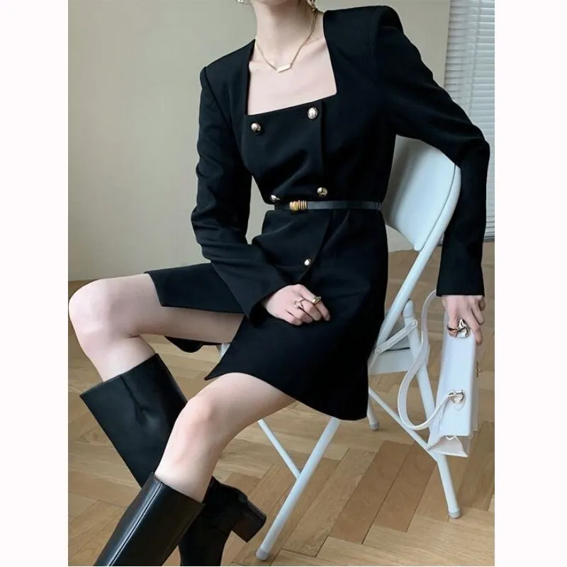 Joskaa hoco dresses Autumn French Elegant Black Dress Women Office Lady Long Sleeve Chic Mini Dresses Female Korean Fashion One Piece Dress Fall Outfits 2024