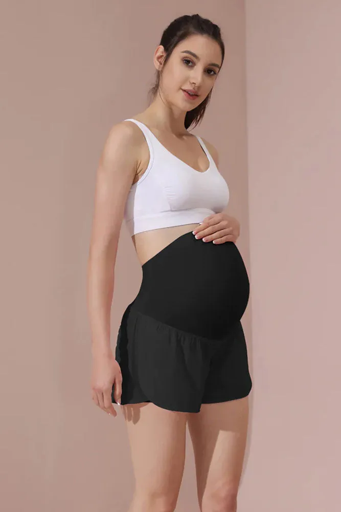 Maacie Black Women Maternity Layered Fast Drying Yoga Shorts with Liner Inner Pocket