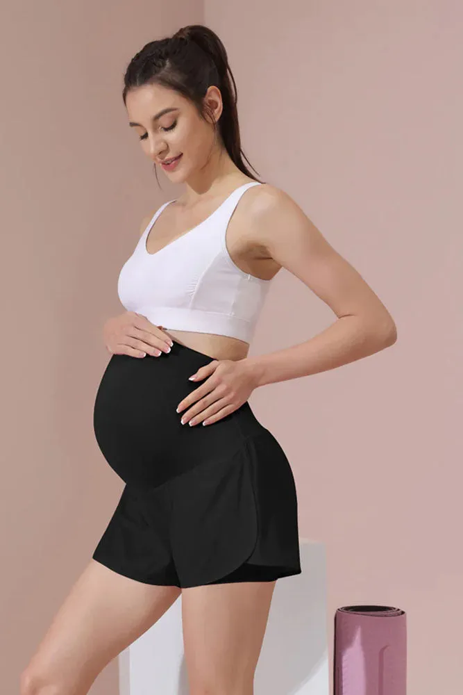 Maacie Black Women Maternity Layered Fast Drying Yoga Shorts with Liner Inner Pocket