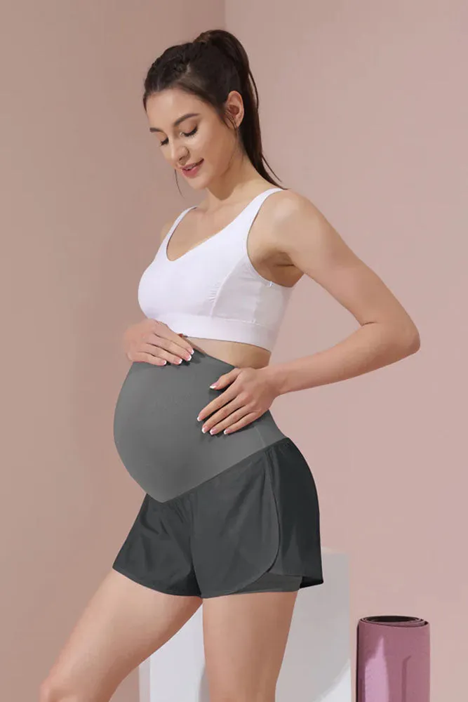 Maacie Grey Women Maternity Layered Fast Drying Yoga Shorts with Liner Inner Pocket