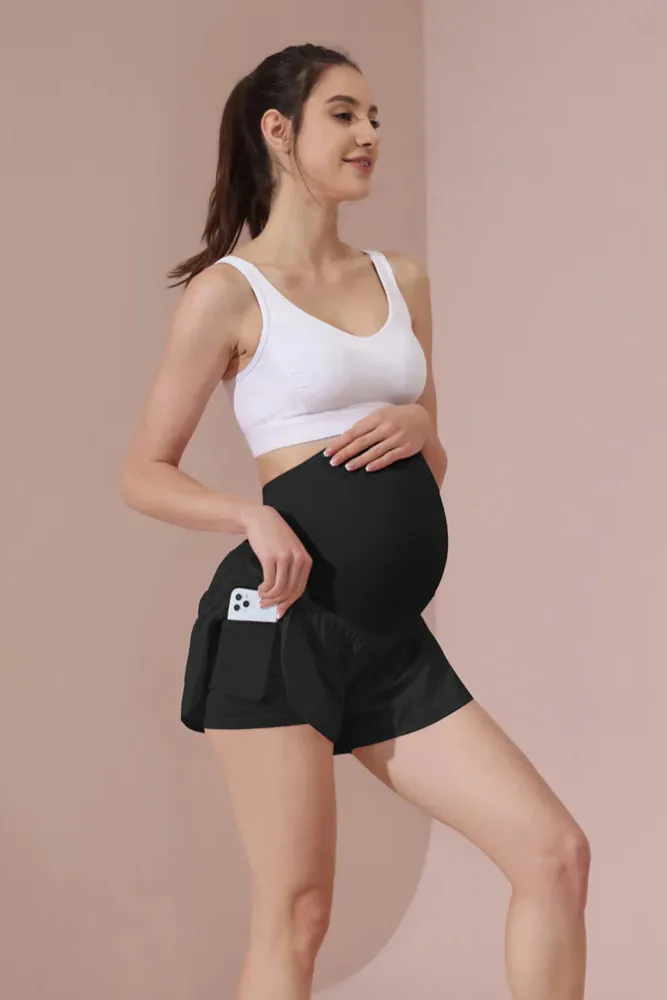 Maacie Women Maternity Layered Fast Drying Yoga Shorts with Liner Inner Pocket