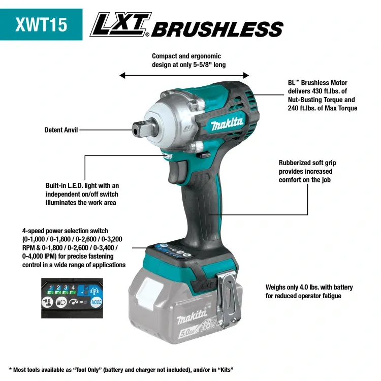 Makita XWT15XVZ 18V LXT® Lithium-Ion Brushless Cordless 4-Speed 1/2" Sq. Drive Utility Impact Wrench w/ Detent Anvil (Tool Only)