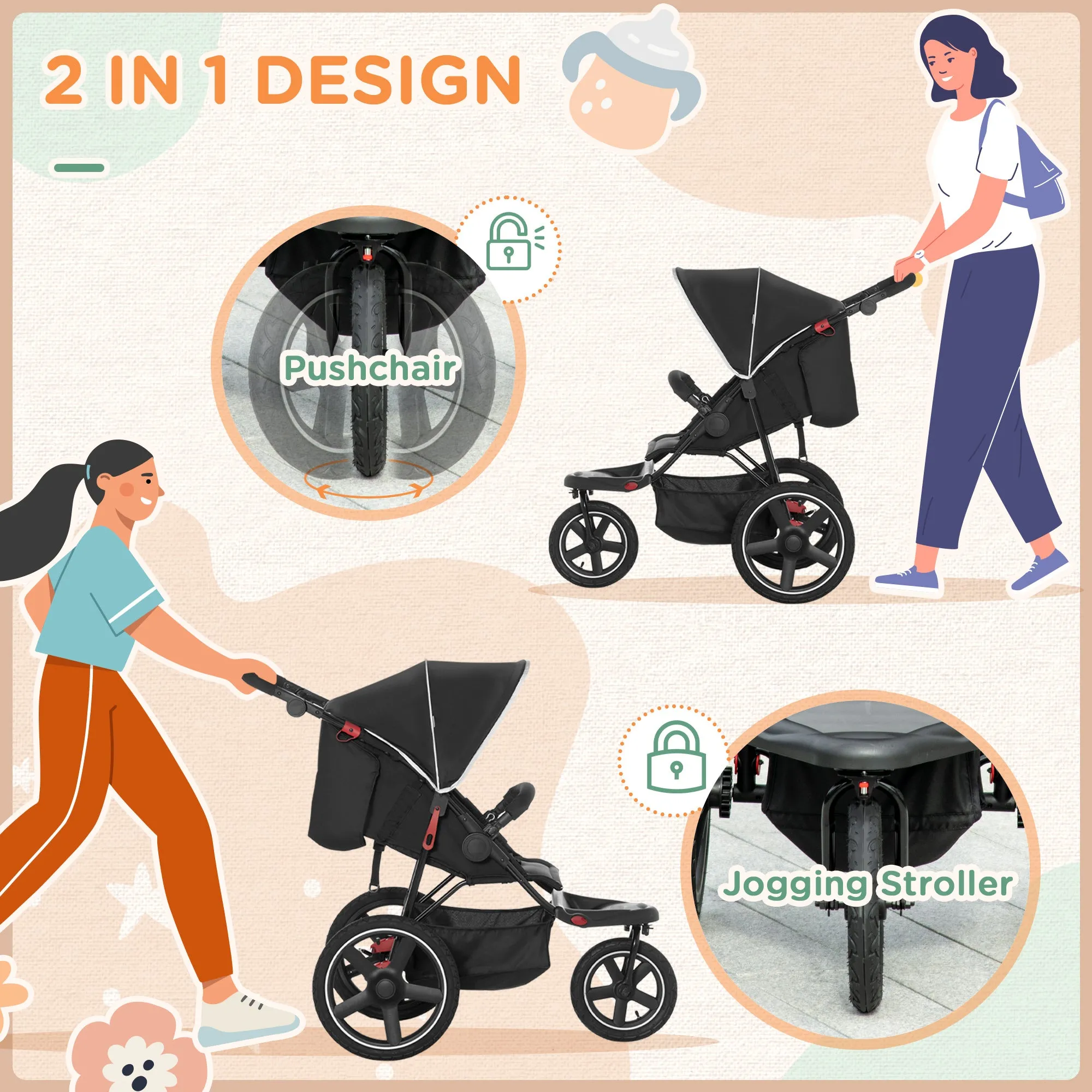 Three Wheeler Pushchair, Lightweight Foldable Running Baby Stroller with Fully Reclining, Adjustable Handlebar Backrest, Sun Canopy Black